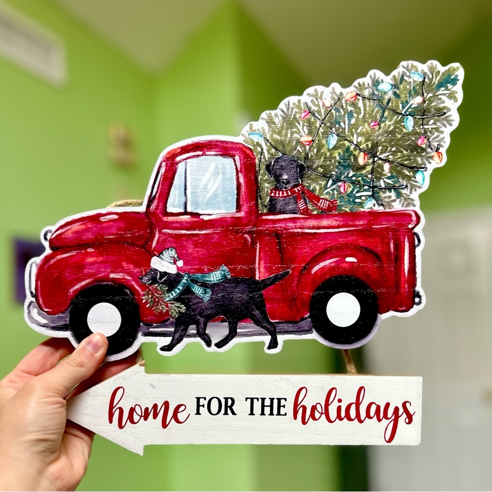 Christmas Festive Red Truck & Dog Wooden Wall Sign